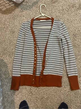 Striped Gray and White Snap-Front Cardigan with Rust Trim coco and main